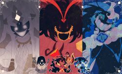 1girl 2boys blue_skin burning_spice_cookie colored_skin cookie_run cookie_run:_kingdom evil_grin evil_smile grin highres long_hair looking_at_viewer lovelyshiz multiple_boys mystic_flour_cookie pale_skin red_skin robe shadow_milk_cookie sharp_teeth slit_pupils smile teeth veil white_hair white_robe white_veil