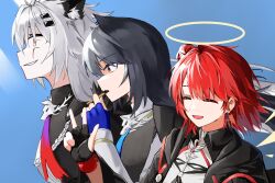 3girls :d ^_^ animal_ears arknights black_gloves black_hair blue_background blue_gloves closed_eyes commentary earrings exusiai_(arknights) exusiai_the_new_covenant_(arknights) eye_trail fingerless_gloves food food_in_mouth gloves grey_eyes grey_hair group_picture halo highres holding holding_food holding_pocky jewelry lappland_(arknights) lappland_the_decadenza_(arknights) light_trail long_hair looking_ahead multiple_girls nsd_cre open_mouth orange_eyes pocky pocky_in_mouth profile red_hair short_hair smile texas_(arknights) texas_the_omertosa_(arknights) traditional_halo upper_body wolf_ears wolf_girl yellow_halo