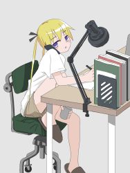 1girl absurdres bad_id bad_twitter_id blush_stickers book brown_shorts brown_slippers cellphone chair cradling_phone desk_lamp from_side gishiki_(gshk) highres holding holding_pen kill_me_baby knee_up lamp notebook parted_lips pen phone purple_eyes shirt short_shorts short_sleeves shorts slippers smartphone solo sonya_(kill_me_baby) table talking_on_phone twintails white_shirt writing