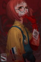 1girl adjusting_mask apron badge barcode black-framed_eyewear blood blood_drip blood_on_arm blood_on_clothes blood_on_face blood_on_hands blue_apron bob_cut button_badge bypos character_badge chromatic_aberration from_side hand_up highres id_card kellogg&#039;s lanyard looking_at_viewer mask medium_hair mouth_mask original red_background red_hair round_eyewear shirt smoke solo surgical_mask tony_the_tiger upper_body watermark yellow_shirt