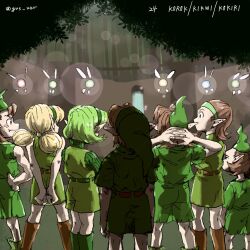 3girls 4boys arms_behind_head belt blonde_hair blush_stickers boots brown_hair fado_(ocarina_of_time) fairy from_behind frown green_hair gus_uur hairband know-it-all_brothers_(zelda) kokiri kokiri_shopkeeper link mido_(zelda) multiple_boys multiple_girls nintendo redheaded_kokiri_girl saria_(zelda) shorts the_legend_of_zelda the_legend_of_zelda:_ocarina_of_time tunic twintails