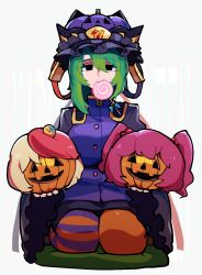 1girl adapted_costume animal animal_on_head asymmetrical_hair asymmetrical_legwear baby_animal bird bird_on_head black_eyes blonde_hair blue_vest bow breasts buttons candy chick chicken collared_vest epaulettes food food_in_mouth frilled_hat frilled_sleeves frills green_hair hair_bobbles hair_ornament halloween hat holding holding_food holding_pumpkin holding_vegetable iganashi1 jack-o&#039;-lantern lollipop looking_at_viewer medium_breasts miniskirt multicolored_hair niwatari_kutaka on_head onozuka_komachi pumpkin red_hair seiza shiki_eiki short_hair simple_background sitting skirt solo stuffed_animal stuffed_toy swirl_lollipop touhou two-tone_hair two_side_up vegetable vest white_background wide_sleeves