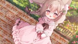1girl :d absurdres animal_ear_fluff animal_ears black_bow black_bowtie blurry blurry_background blush bow bowtie box braid brown_hair child collared_dress commentary commission dress frilled_sleeves frills gift hair_between_eyes hair_ornament hair_ribbon hairclip hanamaru_lily heart heart-shaped_box heart-shaped_pupils highres holding holding_gift incoming_gift kinako_mitu long_hair long_sleeves looking_at_viewer mismatched_pupils open_mouth original outdoors pink_dress pink_eyes plaid_clothes plaid_dress red_ribbon ribbon skeb_commission smile solo star-shaped_pupils star_(symbol) symbol-only_commentary symbol-shaped_pupils twin_braids watermark