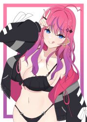 1girl ahoge black_bra blue_eyes bra braid collarbone esttea gradient_hair hair_ornament hair_ribbon hairclip highres hood hoodie idios jewelry kuramochi_meruto lingerie long_hair multicolored_hair nail_polish navel nijisanji panties pink_hair purple_hair red_hair ribbon ring underwear virtual_youtuber