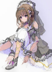 Rule 34 | 1girl, 86thunder, amaryllis (madoka magica), braid, brown hair, leg up, long hair, looking to the side, magia record: mahou shoujo madoka magica gaiden, mahou shoujo madoka magica, on floor, purple eyes, sitting, solo, twin braids