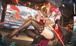 Rule 34 | 1girl, bare shoulders, black collar, black sleeves, black thighhighs, braid, breasts, changli (wuthering waves), collar, colored extremities, commentary request, dress, fingernails, fire, hair between eyes, hair extensions, hair ornament, high heels, highres, holding, holding sword, holding weapon, jinlin, large breasts, long hair, looking at viewer, no jacket, parted lips, partial commentary, pink hair, red hands, revision, ring hair extensions, short sleeves, sitting, smile, solo, sword, tacet mark (wuthering waves), thighhighs, thighs, twin braids, weapon, white dress, wuthering waves, yellow eyes