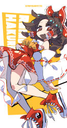1girl ascot bare_shoulders brown_eyes brown_hair closed_mouth commission detached_sleeves hakurei_reimu highres looking_at_viewer red_shoes red_skirt red_vest shoes skeb_commission skirt solo touhou tsuru_(nekopanchi) vest white_sleeves yellow_ascot