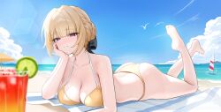 Rule 34 | 1girl, absurdres, alternate costume, armpit crease, bare shoulders, barefoot, beach towel, bikini, black bow, blonde hair, blue sky, blush, bow, breasts, closed mouth, collarbone, commentary, cup, day, drinking glass, evelyn chevalier, feet, hair bow, highres, large breasts, looking at viewer, lying, myumyu431, navel, on stomach, outdoors, purple eyes, short hair, sky, smile, soles, solo, stomach, swimsuit, the pose, thighs, toes, towel, yellow bikini, zenless zone zero