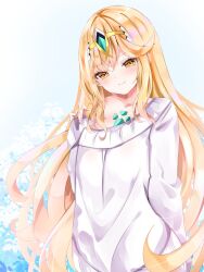 1girl alternate_costume blonde_hair blue_background breasts closed_mouth core_crystal_(xenoblade) gradient_background head_tilt highres large_breasts long_hair loose_hair_strand mythra_(xenoblade) nanase_nao single_bare_shoulder smile solo standing sweater tiara very_long_hair white_sweater xenoblade_chronicles_(series) xenoblade_chronicles_2 yellow_eyes
