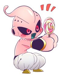 1boy antennae aqua_tongue arms_outstretched black_bracer black_sclera blush bracer candy colored_sclera colored_skin commentary crouching dragon_ball dragonball_z food full_body gold_shoes gold_trim holding holding_candy holding_food holding_lollipop hole_on_body kid_buu lollipop looking_at_object majin_buu male_focus multicolored_hair no_eyebrows notice_lines open_mouth outstretched_arms pants pink_skin red_eyes sharp_teeth shiny_skin shirtless_male shoes simple_background smile solo squatting teeth topless_male transparent_background upper_teeth_only white_pants