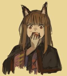 animal_ears brown_hair cropped_torso eating fang food fox_ears fruit highres holding holding_food holding_fruit holo kornod long_hair looking_at_viewer red_eyes spice_and_wolf straight-on upper_body