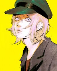 1girl absurdres black_hat black_jacket chainsaw_man closed_mouth commission ear_piercing fami_(chainsaw_man) hat highres jacket machipachi1901 mole mole_on_cheek mole_under_eye peaked_cap piercing purple_eyes purple_hair simple_background solo yellow_background