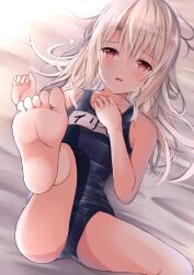 1girl :o archived_source bare_arms bare_legs bare_shoulders barefoot bed_sheet blush breasts collarbone commentary_request fate/kaleid_liner_prisma_illya fate_(series) feet foot_focus hair_between_eyes highres illyasviel_von_einzbern long_hair looking_at_viewer lying on_back on_bed one-piece_swimsuit open_mouth red_eyes school_swimsuit small_breasts soles solo spread_legs swimsuit thighs toes yuzuzukushi