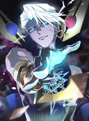 1boy black_background black_shirt blue_eyes closed_mouth commentary_request dark-skinned_male dark_skin detached_sleeves earrings electricity electrokinesis fate/grand_order fate_(series) glowing glowing_eyes indra_(fate) jewelry lightning lightning_bolt_facial_mark looking_to_the_side male_focus outstretched_arm piercing poppoman shirt sideways_glance sleeveless sleeveless_shirt solo upper_body