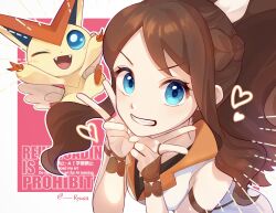 Rule 34 | 1girl, absurdres, blue eyes, blush, breasts, brown hair, double v, eyelashes, fangs, gen 5 pokemon, hand up, high ponytail, highres, hilda (pokemon), hilda (sygna suit) (pokemon), legendary pokemon, long hair, looking at viewer, mythical pokemon, nintendo, official alternate costume, one eye closed, open mouth, pokemon, pokemon (creature), pokemon masters ex, ponytail, ryusa (gjgd7445), sidelocks, smile, teeth, upper body, v, victini