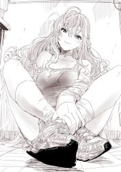 1girl bare_shoulders breasts camisole choker goshiki_suzu greyscale highres ichinose_shiki idolmaster idolmaster_cinderella_girls long_hair looking_at_viewer medium_breasts monochrome sitting sketch smile socks solo wavy_hair