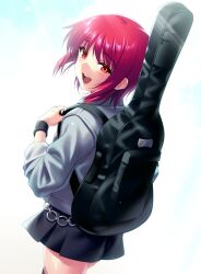 1girl :d alternate_costume angel_beats! black_skirt black_wrist_cuffs blush casual chain commentary_request commission cowboy_shot floating_hair from_behind grey_jacket guitar_case hair_between_eyes hand_up happy instrument_case iwasawa_masami jacket looking_at_viewer looking_back medium_hair miniskirt open_mouth pleated_skirt red_eyes red_hair round_teeth simple_background skeb_commission skirt smile solo teeth tsurime upper_teeth_only white_background wrist_cuffs zen_(kamuro)