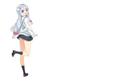 1girl :d blue_eyes bow eromanga_sensei hair_bow izumi_sagiri kneehighs long_hair looking_back miniskirt ootomo_takuji open_mouth sailor_collar school_uniform silver_hair skirt smile socks sweater white_background