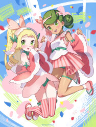 alternate_costume blonde_hair cosplay game_freak gen_7_pokemon green_eyes green_hair highres kinocopro lillie_(pokemon) lurantis lurantis_(cosplay) mallow_(pokemon) multiple_girls nintendo pink_sandals pink_shoes pokemon pokemon_sm ponytail sandals shoes