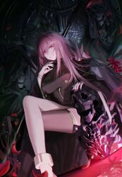 1girl absurdres black_dress black_nails black_thighhighs breasts chromatic_aberration commentary dress english_commentary ggi_bang grin highres hololive hololive_english large_breasts long_hair looking_at_viewer mixed-language_commentary mori_calliope mori_calliope_(1st_costume) pink_eyes pink_hair shoulder_spikes single_thighhigh sitting smile solo spikes teeth thighhighs veil virtual_youtuber