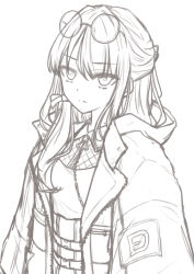 Rule 34 | 1girl, absurdres, closed mouth, coat, collared shirt, commentary request, expressionless, eyewear on head, fishnet top, fishnets, glasses, greyscale, half updo, highres, hood, hooded coat, i my mayday, light frown, link! like! love live!, looking at viewer, love live!, monochrome, murano sayaka, official alternate costume, open clothes, open coat, round eyewear, shirt, simple background, solo, split mouth, upper body, virtual youtuber, white background, zacuro
