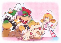 1boy 1girl apron armlet blonde_hair blue_eyes bowser bracelet braid braided_hair_rings cake chef_hat earrings food fruit hair_rings hat highres holding_pipette horns jewelry mario_(series) necktie nintendo official_alternate_costume open_mouth patissiere_peach pink_necktie pipette plaid_clothes plaid_skirt princess_peach princess_peach:_showtime! puffy_short_sleeves puffy_sleeves red_eyes red_hair red_skirt saiwo_(saiwoproject) sharp_teeth shirt short_sleeves skirt sphere_earrings spiked_armlet spiked_bracelet spikes strawberry teeth waist_apron white_apron white_hat white_shirt