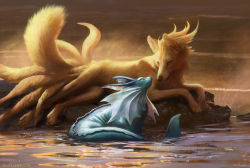 2others absurdres artist_name arvalis back_fin blue_skin body_fur colored_skin creatures_(company) closed_eyes facial_mark fins game_freak gen_1_pokemon head_down highres lying multiple_others multiple_tails ninetales nintendo no_humans on_side partially_submerged pokemon pokemon_(creature) realistic rock smile tail fish_tail vaporeon water watermark web_address whisker_markings