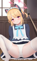 1girl :3 absurdres animal_ear_headphones animal_ears apron black_dress blonde_hair blue_archive blue_bow blush bow cameltoe closed_mouth collared_dress commentary_request day dress fake_animal_ears frilled_apron frilled_dress frills hair_bow halo head_tilt headphones highres indoors loli looking_at_viewer maid maid_apron maid_headdress michou momoi_(blue_archive) momoi_(maid)_(blue_archive) no_shoes on_floor panties partially_visible_vulva purple_eyes red_bow solo sunlight tail thighhighs twintails underwear white_apron white_panties white_thighhighs window wooden_floor