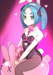 1girl animal_ears bare_shoulders black_leotard blue_hair blush bow bowtie breasts brown_pantyhose closed_mouth cosplay dot_nose fake_animal_ears fake_tail feet_out_of_frame female_focus from_side green_eyes harness hatsune_miku hatsune_miku_(cosplay) leotard loli looking_at_viewer looking_to_the_side medium_hair meemz_a monogatari_(series) ononoki_yotsugi pantyhose pink_background pink_bow pink_bowtie playboy_bunny rabbit_ears rabbit_hole_(vocaloid) rabbit_tail simple_background sitting small_breasts solo strapless strapless_leotard tail thick_eyebrows twintails variant_set vocaloid white_wrist_cuffs wrist_cuffs