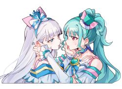 Rule 34 | 2girls, blue brooch, blue eyes, blue hair, blue hairband, blue hat, bow, brooch, closed mouth, commentary, cure lillian, cure nyammy, detached sleeves, dress, earrings, grabbing another&#039;s ear, hair bow, hairband, hand on another&#039;s ear, hand on another&#039;s shoulder, hat, heart, heart brooch, highres, holding own arm, jewelry, lipstick, lipstick mark, lipstick mark on face, lipstick mark on shoulder, long hair, magical girl, makeup, mini hat, multiple girls, nekoyashiki mayu, nekoyashiki yuki, pink bow, pink eyes, precure, simple background, smeared lipstick, symbol-only commentary, upper body, white background, white dress, white hair, white sleeves, wonderful precure!, xiongbingbisata, yuri