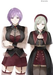2girls amoris_(bang_dream!) arms_behind_back bang_dream! bang_dream!_it&#039;s_mygo!!!!! beret black_capelet black_skirt black_vest capelet commentary_request earrings fresa_pie garter_straps green_hair grey_pantyhose hat highres jewelry korean_commentary long_hair mortis_(bang_dream!) mortis_(costume)_(bang_dream!) multiple_girls nail_polish pantyhose pantyhose_under_shorts purple_eyes purple_hair red_brooch red_hat red_nails red_shorts red_thighhighs short_hair shorts showgirl_skirt simple_background skirt thighhighs twitter_username vest wakaba_mutsumi white_background yellow_eyes yuutenji_nyamu