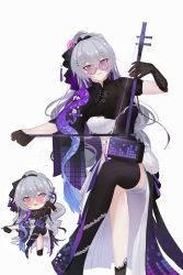 1girl absurdres artist_request black_dress black_gloves black_thighhighs breasts bronya_zaychik bronya_zaychik_(heart_of_the_night) bronya_zaychik_(silverwing:_n-ex) chibi chibi_inset china_dress chinese_clothes crossed_legs dress erhu female_focus glasses gloves grey_hair hair_between_eyes hair_ornament hairclip highres honkai_(series) honkai_impact_3rd instrument long_hair looking_at_viewer multicolored_hair official_alternate_costume purple-tinted_eyewear purple-tinted_glasses rimless_eyewear round_eyewear shorts simple_background single_thighhigh smile solo sunglasses tagme thighhighs thighs tinted_eyewear very_long_hair wavy_hair white_background
