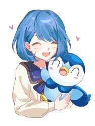 1girl ^_^ aged_down beak bird blue_hair blush_stickers bob_cut cardigan closed_eyes commentary cropped_torso facing_viewer gen_4_pokemon hair_behind_ear heart holding holding_pokemon kiritani_haruka light_blush long_sleeves nintendo open_mouth penguin piplup pokemon pokemon_(creature) project_sekai short_hair simple_background solo_focus swept_bangs teeth upper_teeth_only white_background yama37427989191 yellow_cardigan