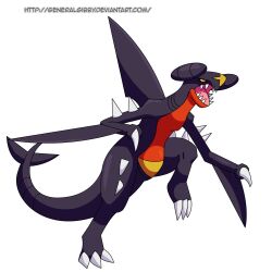 artist_name black_sclera claws colored_sclera colored_skin commentary deviantart_username dragon english_commentary fangs garchomp gen_4_pokemon generalgibby highres long_tail multicolored_skin nintendo no_humans open_mouth pokemon pokemon_(creature) pokemon_focus purple_skin red_skin shark spikes tail two-tone_skin v-shaped_eyes yellow_eyes