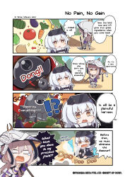 !? 2girls 4koma =_= @_@ absurdres bell_pepper brown_eyes brown_hair carrot comic drooling eggplant english_text firing food goddess_of_victory:_nikke gun highres hoe holding_hoe lettuce multiple_girls official_art onion rapture_(nikke) scarlet_(nikke) shouting snow_white_(nikke) speech_bubble thought_bubble tomato totatokeke vegetable weapon white_hair