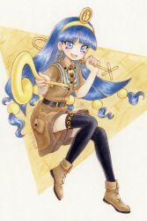 1girl :d belt black_belt black_thighhighs blue_eyes blue_hair boots brown_boots brown_shirt brown_shorts earrings facial_mark full_body gold gold_buckle gold_hairband gold_headdress gold_headwear hairband highres holding holding_scepter io_(maryann_blue) jewelry key_earrings long_hair looking_at_viewer michigami_nareko open_mouth scepter shirt short_sleeves shorts smile solo thighhighs touhou traditional_media triangle triangle_facial_mark usekh_collar very_long_hair