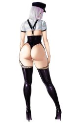 1girl ass ass_focus black_boots boots chainsaw_man crop_top death_devil_(chainsaw_man) earrings fami_(chainsaw_man) from_behind grey_hair hat high_heel_boots high_heels highres jewelry medium_hair peaked_cap shaardy simple_background solo spoilers thigh_boots white_background