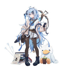 Rule 34 | 1girl, :/, absurdres, ahisha (di le to), ahoge, arrow (projectile), ascot, bag, black boots, black gloves, black pantyhose, blue ascot, blue eyes, blue hair, blue ribbon, book, book stack, boots, closed mouth, di le to, fingerless gloves, flower, full body, gloves, grey jacket, hair intakes, hair ornament, hair ribbon, hair stick, hand on own hip, highres, holding, holding phone, jacket, light frown, long hair, looking at viewer, one side up, open clothes, open jacket, original, panties, panties under pantyhose, pantyhose, pantyshot, paperclip, phone, plant, potted plant, ribbon, shirt, shoulder bag, simple background, single glove, solo, stuffed animal, stuffed penguin, stuffed toy, tachi-e, thighband pantyhose, underwear, very long hair, w, white background, white panties, white shirt, yellow flower