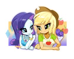 2girls absurdres applejack applejack_(equestria_girls) arm_rest bare_arms bare_shoulders blonde_hair blue_dress blue_eyes blue_eyeshadow border bouquet bracelet breasts brown_hat chengzi82020 chinese_commentary closed_mouth collarbone colored_skin commentary_request cowboy_hat cropped_torso curly_hair cutie_mark dress eye_contact eyes_visible_through_hair eyeshadow face-to-face flower freckles gold_bracelet gradient_background green_eyes hand_on_own_chin hat highres holding holding_bouquet jewelry leaf long_hair looking_at_another makeup multiple_girls my_little_pony my_little_pony:_equestria_girls my_little_pony:_friendship_is_magic official_alternate_costume orange_background outside_border purple_background purple_flower purple_hair purple_rose raglan_sleeves rarity_(equestria_girls) rarity_(my_little_pony) rose shirt short_sleeves sleeveless sleeveless_dress small_breasts smile swept_bangs white_border white_shirt white_skin yuri