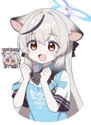 1girl absurdres angel&#039;s_24_uniform_(blue_archive) animal_ear_fluff animal_ears apron black_hair blue_apron blue_archive blue_halo brown_eyes grey_hair halo highres kokona_(blue_archive) long_hair multicolored_hair polo_shirt shirt short_sleeves store_clerk streaked_hair tiger_ears tiger_girl vector_(dmlddmld00) very_long_hair white_shirt