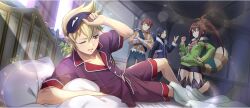 Rule 34 | 1girl, 3boys, armor, bandaged arm, bandages, bed, bedroom, black hair, black shorts, black thighhighs, blonde hair, blue eyes, blue jacket, breasts, brown eyes, brown hair, cape, clenched hand, collarbone, cropped jacket, crossed arms, dust (konosuba), game cg, garter straps, green cape, green eyes, green jacket, hair belt, hair between eyes, hand on own hip, high ponytail, highres, indoors, jacket, keith (konosuba), kono subarashii sekai ni shukufuku wo!, konosuba! fantastic days, lean (konosuba), light rays, long hair, looking at another, mole, mole under eye, multiple boys, official alternate costume, official art, on bed, one eye closed, pajamas, partially unzipped, pink shirt, ponytail, raccoon tail, red eyes, shirt, short hair, short shorts, shorts, shoulder armor, sidelocks, sleep mask, sleepy, small breasts, striped clothes, striped shirt, sunbeam, sunlight, tail, taylor (konosuba), thighhighs, v-shaped eyebrows, waking up, zettai ryouiki