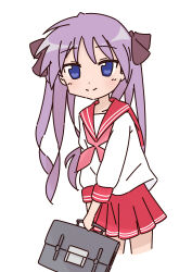 Rule 34 | 1girl, absurdres, bag, blue eyes, bow, handbag, highres, hiiragi kagami, holding, holding bag, long hair, looking at viewer, lucky star, neckerchief, pink neckerchief, purple hair, red sailor collar, red skirt, ryouou school uniform, sailor collar, sailor shirt, school uniform, shirt, skirt, smile, tsurime, twintails, white background, white shirt, yq9nhoedbnmi6iy