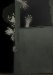 1boy absurdres black_background black_eyes black_hair commentary_request disembodied_hand door gakuran highres looking_at_viewer male_focus melting_eyes muted_color peeking_out randal&#039;s_friends school_uniform shieriru short_hair solo tsukada_satoru