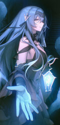1girl absurdres black_dress blue_eyes blue_hair breasts character_request closed_mouth detached_sleeves dress epic_seven gootai highres holding holding_lantern lantern large_breasts long_hair looking_at_viewer smile solo upper_body wide_sleeves