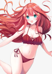 1girl :d absurdres ahoge aqua_eyes bare_arms bare_legs bare_shoulders bikini blush breasts cleavage collarbone commentary_request feet_out_of_frame glint go-toubun_no_hanayome hair_ornament highres large_breasts layered_bikini long_hair looking_at_viewer nakano_itsuki navel open_mouth red_bikini red_hair red_ribbon rei_(ilust9999) ribbon side-tie_bikini_bottom simple_background smile solo star_(symbol) star_hair_ornament stomach swimsuit very_long_hair white_background