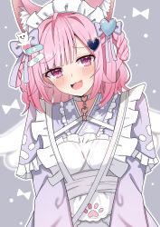 1girl :3 absurdres ahoge animal_ears apron bandaid bandaid_hair_ornament blush bow braid braided_hair_rings cat_ears cat_girl choker extra_ears frilled_apron frills ghost_hair_ornament hair_bow hair_ornament hair_ribbon hair_rings hairclip heart heart_hair_ornament highres hosinonana indie_virtual_youtuber long_sleeves looking_at_viewer maid maid_headdress medium_hair o-ring o-ring_choker open_mouth paw_print pink_eyes pink_hair purple_background ribbon smile solo virtual_youtuber white_apron white_choker yuuki_sakuna yuuki_sakuna_(2nd_costume)