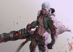 1boy abs absurdres asymmetrical_sleeves bare_pectorals belt belt_pouch blue_eyes bryan_fury camouflage camouflage_pants dated fingerless_gloves gatling_gun gloves green_jacket gun highres holding holding_gun holding_weapon hood hood_down hooded_jacket jacket korean_commentary looking_at_viewer male_focus mechanical_arms mechanical_legs muscular muscular_male nipples open_clothes open_shirt pants pectorals pouch scar scar_across_eye scar_on_chest scar_on_face scar_on_stomach short_hair signature simple_background solo studded_gloves tekken topless_male torn_clothes torn_jacket uneven_sleeves weapon white_hair yi_lee
