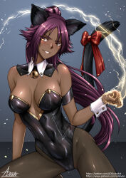 adsouto animal_ears artist_name bell black_leotard bleach breasts cat_ears cuffs dark-skinned_female dark_skin fake_animal_ears fake_tail hair_ornament large_breasts leotard long_hair pantyhose patreon_username ponytail purple_hair shihouin_yoruichi shiny_skin tail twitter_username variant_set white_wrist_cuffs wrist_cuffs yellow_eyes