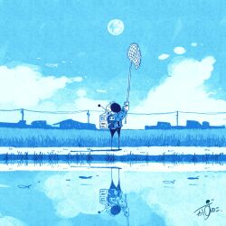 1other absurdres artist_name backpack bag blue_sky building butterfly_net canal cloud commentary day field full_moon gloves hand_net helmet highres holding holding_butterfly_net kazunoko_(kazunoko_zunoco) looking_up moon original power_lines radio_antenna reflection reflective_water signature sky solo space_helmet standing utility_pole village water white_gloves