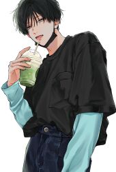 Rule 34 | 1boy, absurdres, black hair, black shirt, bubble tea, denim, drinking straw, en (e898n), green eyes, hair between eyes, highres, holding, jeans, looking at viewer, male focus, mask, mouth mask, open mouth, original, pants, shirt, short hair, simple background, teeth, tongue, tongue out, white background